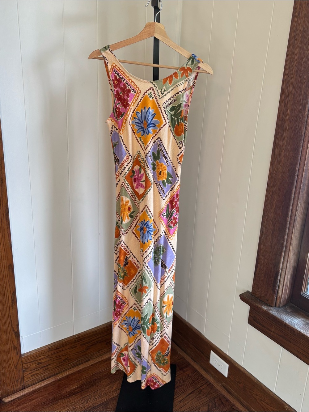 Paper Heart Postage Stamp Floral Maxi Dress Beige Linen Blend Womens M